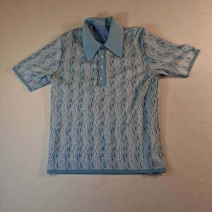 Vintage Campus Polo Shirt Mens Medium Blue Knit Short Sleeve Abstract Pattern
